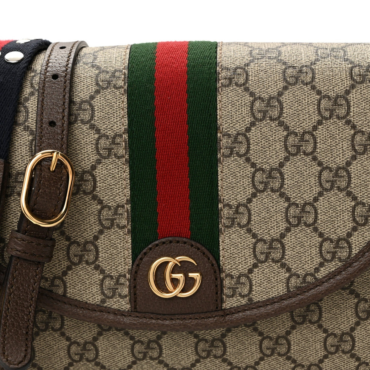 GG Supreme Monogram Textured Dollar Calfskin Web Studded Mini Ophidia Flap Shoulder Bag Beige Ebony New Acero