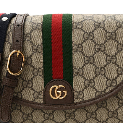 GG Supreme Monogram Textured Dollar Calfskin Web Studded Mini Ophidia Flap Shoulder Bag Beige Ebony New Acero