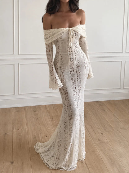 Celeste Ivory Off Shoulder Lace Corset Maxi Dress