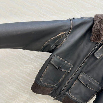 The Row Teddy Lamb Fur Collar Cowhide Down Jacket Black and Brown 304583