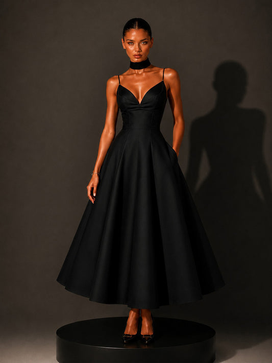 Ruby Retro-Elegant V-Neck Midi Dress In Black