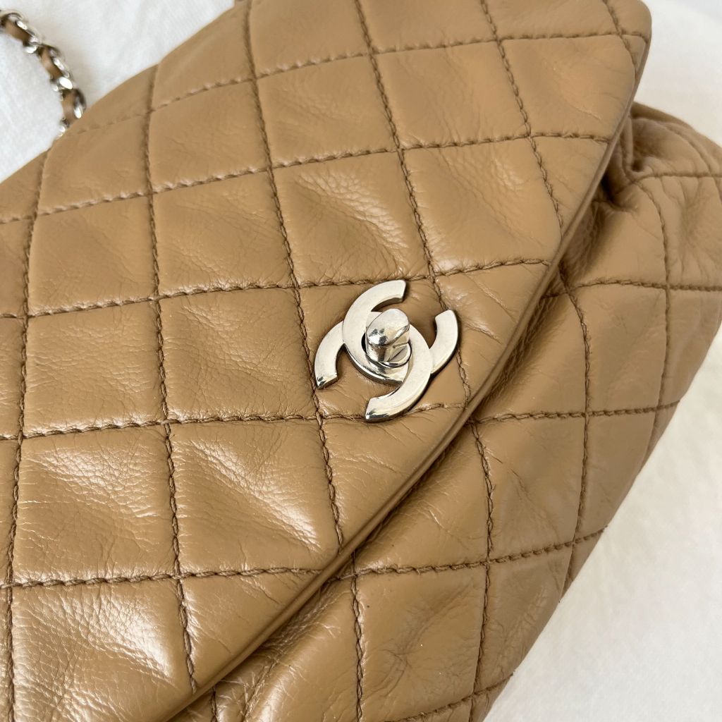 Chanel Tan Quilted Leather Flap Bag With Silver Hardware