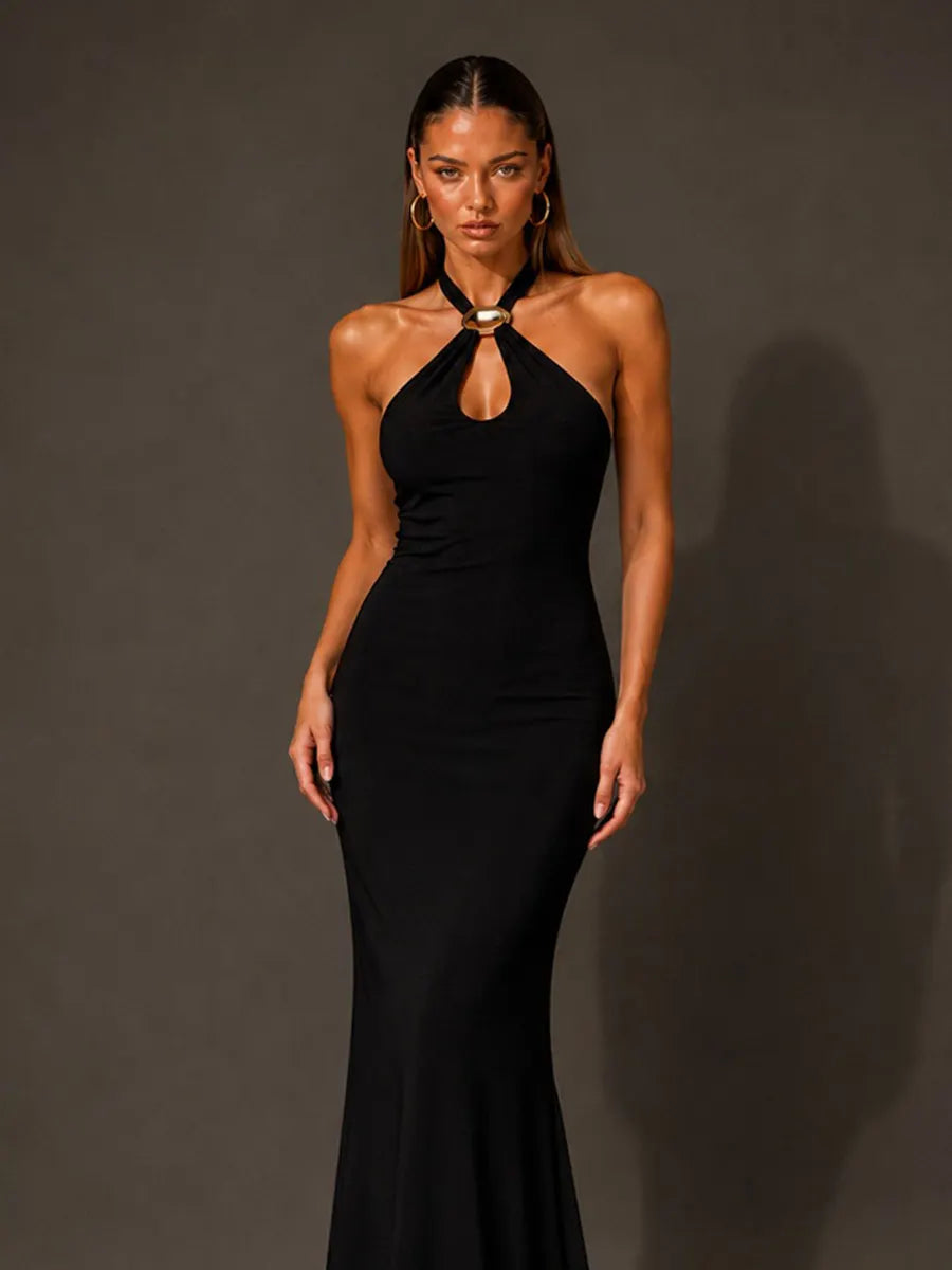 Anais Metal-Buckle Halterneck Maxi Dress