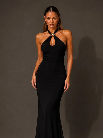 Anais Metal-Buckle Halterneck Maxi Dress