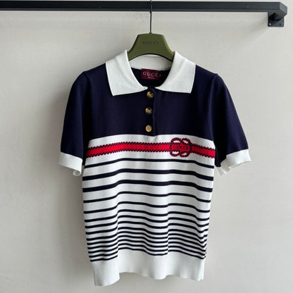 Gucci Striped Polo Knitted Top Dark Blue White Cotton