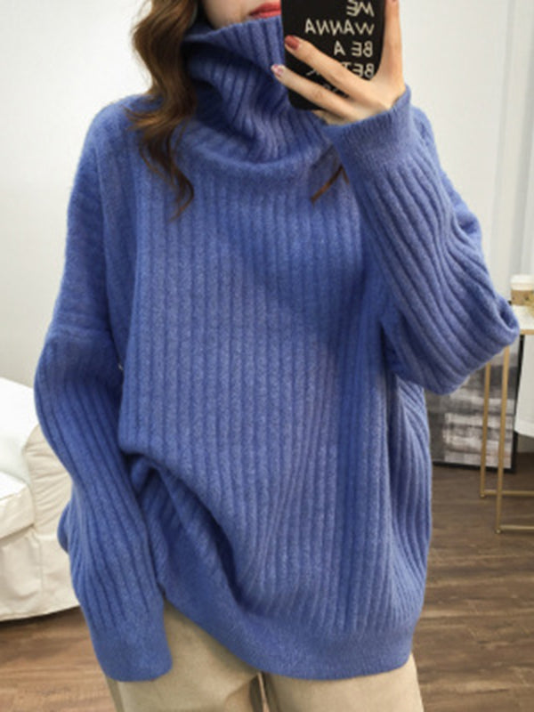 Casual Long Sleeves Loose Solid Color High-Neck Sweater Tops