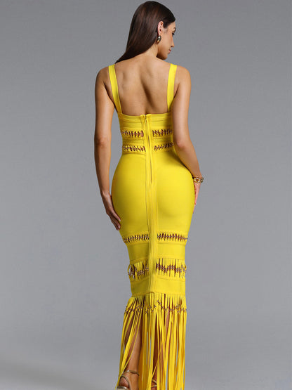 Acacia Sleeveless Beaded Fringe Bandage Maxi Dress