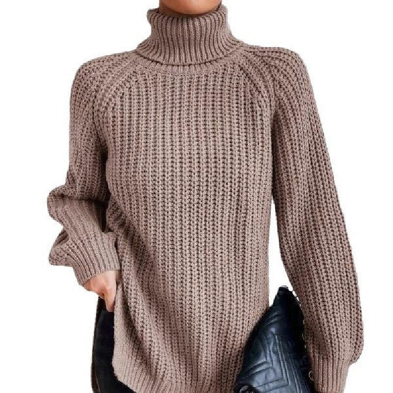 High Collar Raglan Sleeve Sweater Mid-Length Slit Hem Sweater