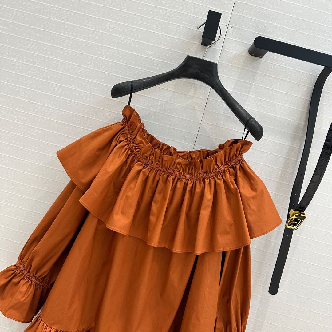 YSL One-shoulder Drawstring Puff Sleeve Dress Caramel Cotton