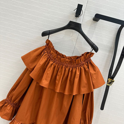 YSL One-shoulder Drawstring Puff Sleeve Dress Caramel Cotton