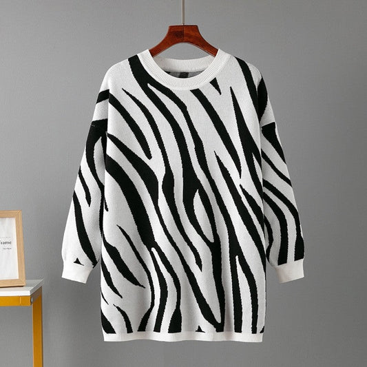 Zebra Print Crew Neck Loose Sweater