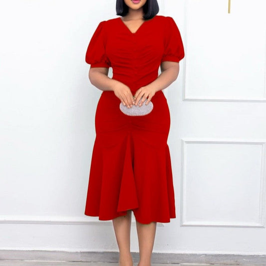Polyester Bodycon V-Neck Solid Color Dress Short Sleeve