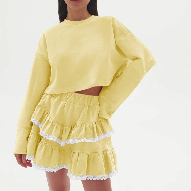 Color Block Crop Hoodie Lace Skirt Set