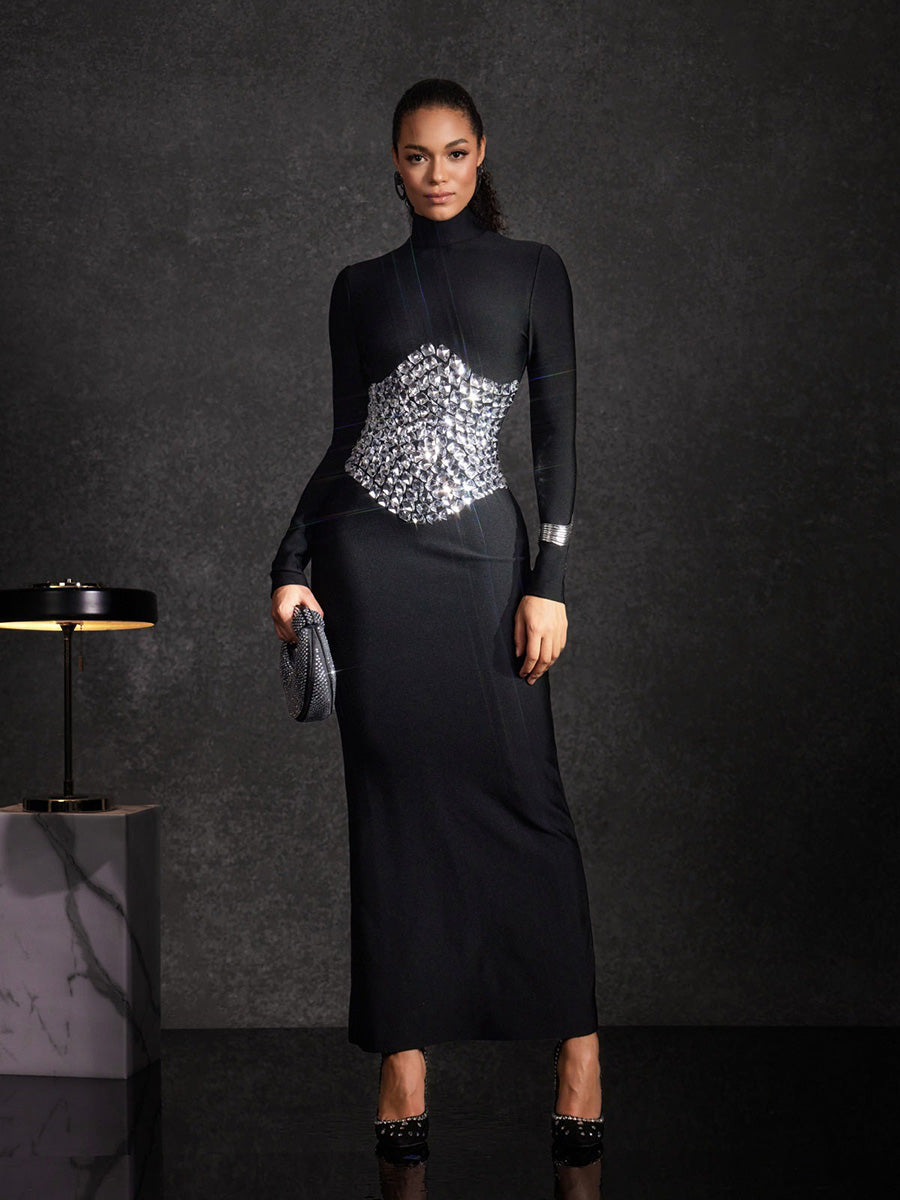 Aubrielle High Neck Crystal Bandage Maxi Dress