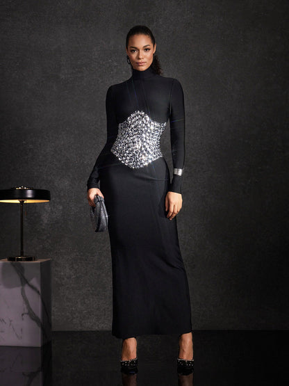 Aubrielle High Neck Crystal Bandage Maxi Dress