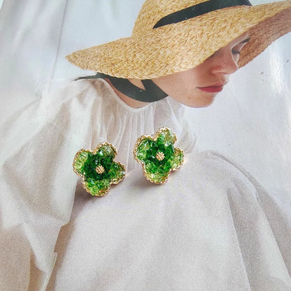 Earwish - Green Sparkling Floral Earrings - Delicate &amp; Chic