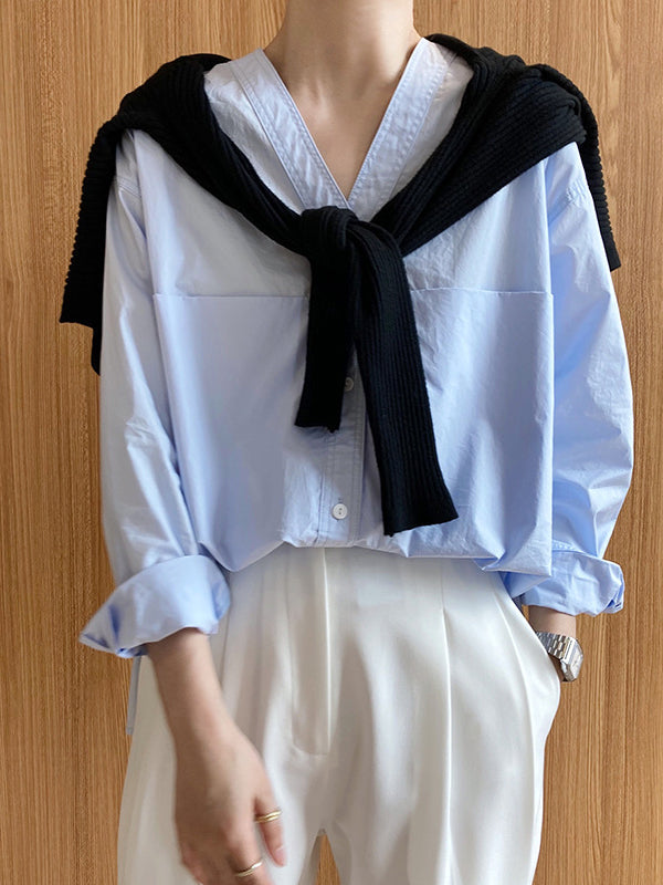 Long Sleeves Loose Buttoned Solid Color Split-Joint V-Neck Blouses&Shirts Tops
