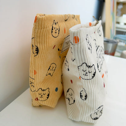 Cosbai - Corduroy Cat and Polka Dot Print Makeup Bag