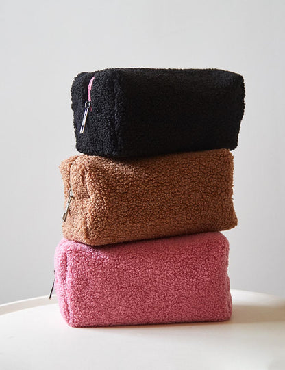 Solid Color Plush Portable Cosmetic Bag