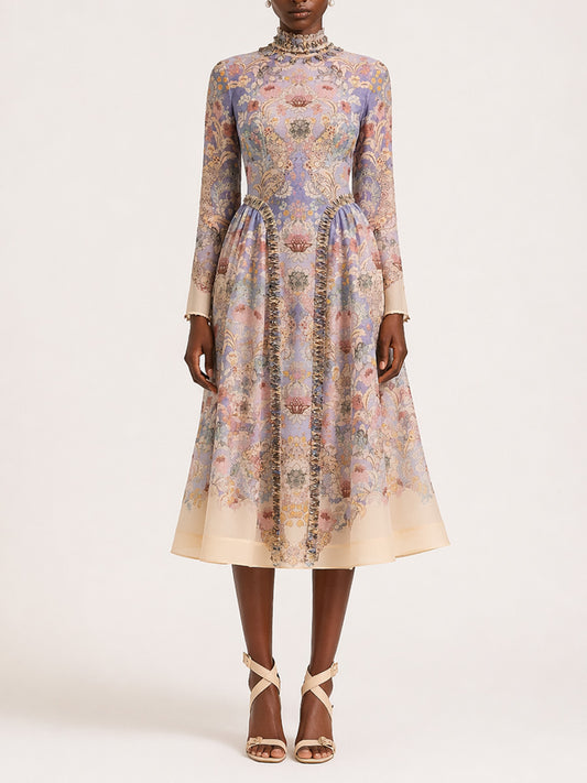 Quinn Elegant Long-Sleeve Printed Midi Dress