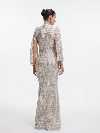 Marcella Contour Cape Sleeve Sequin Maxi Dress