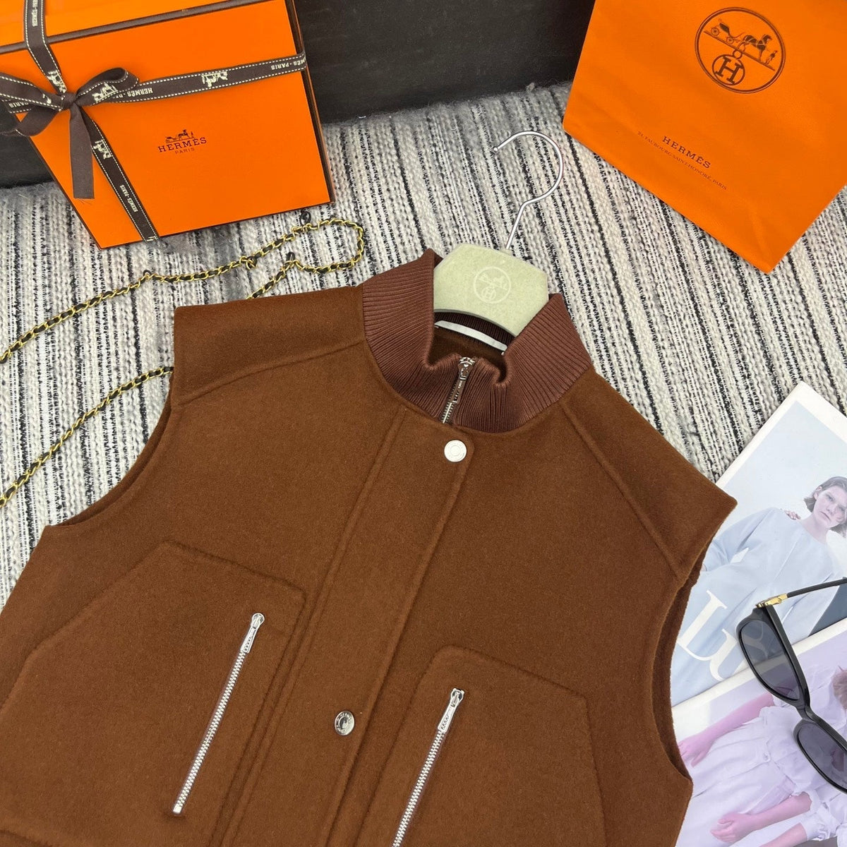 HM Stand-Up Collar Double-Faced Cashmere Brown Vest