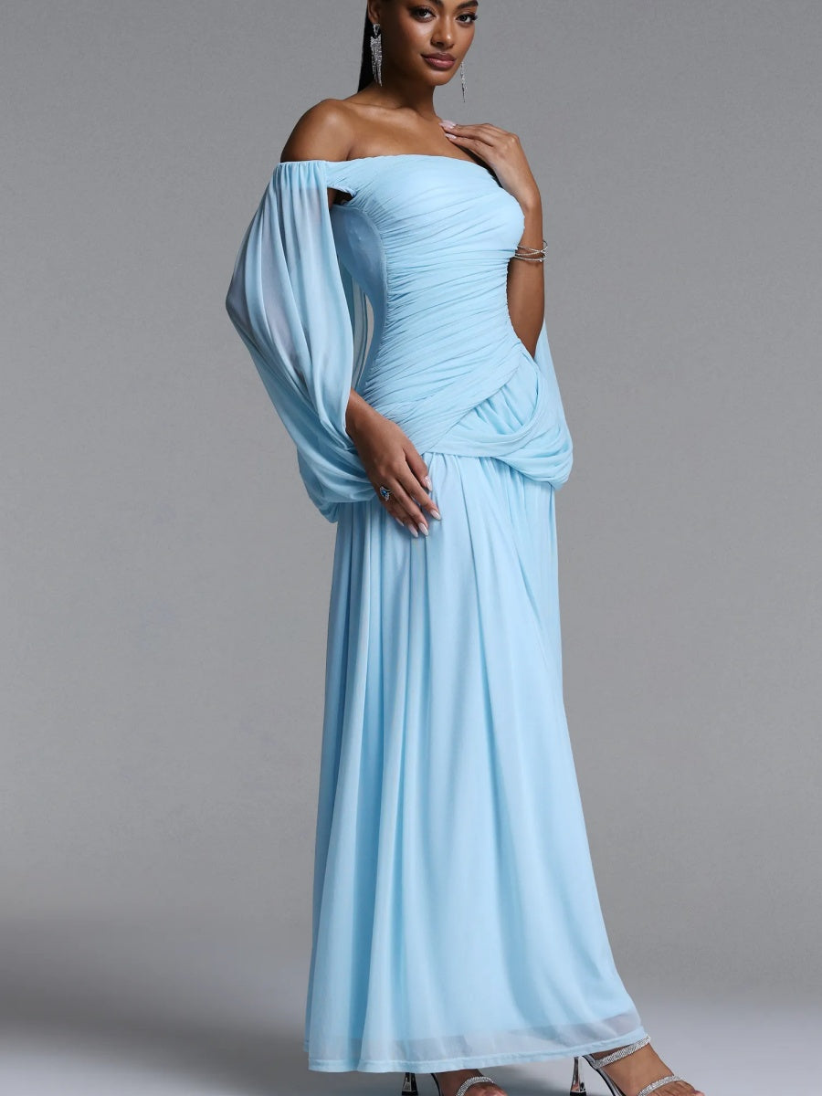 Chloe Off-the-Shoulder Ruched Chiffon Maxi Dress In Blue
