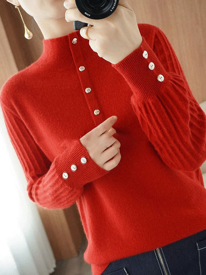 Casual Puff Sleeves Long Sleeves Solid Color Half Turtleneck Sweater Tops