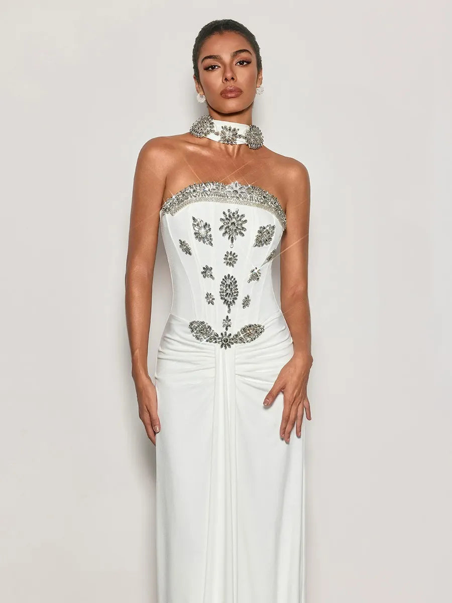 Hannah Strapless Crystal Scarf Maxi Dress