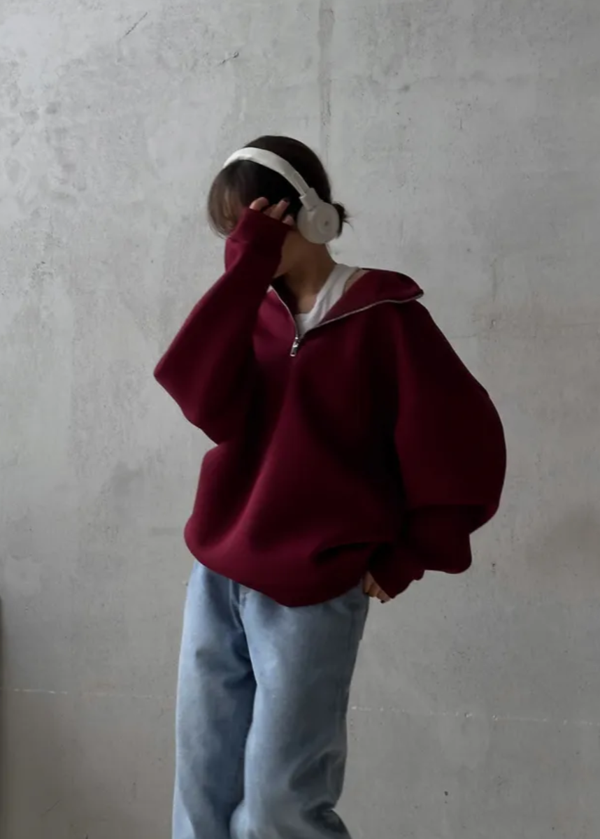 Oversized Cotton Blend Sweatshirt With High Collar