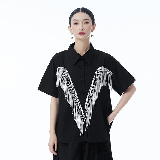 Fringe Spliced Short Sleeve Shirt Loose Retro Design