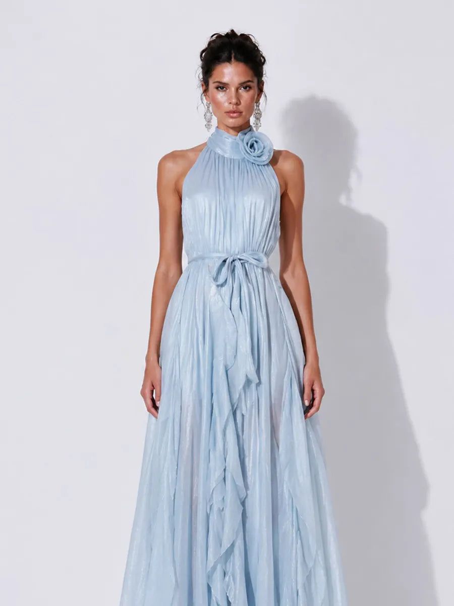 Elena 3D Floral Halter-Neck Pleated Maxi Dress