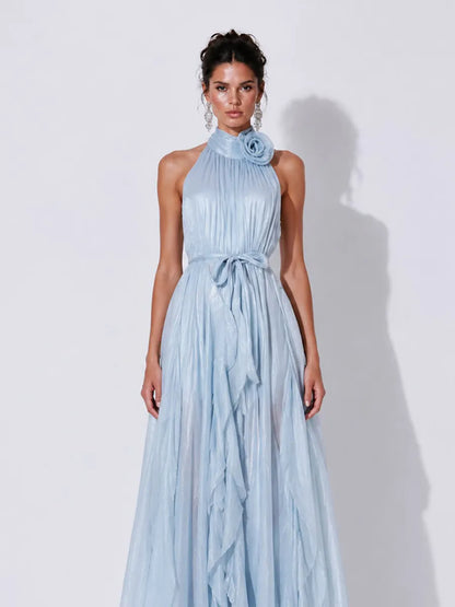 Elena 3D Floral Halter-Neck Pleated Maxi Dress