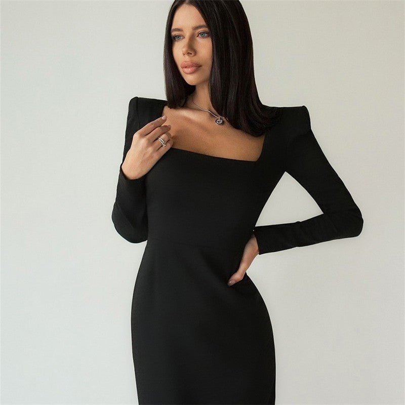 Solid Color Square Neck Long Sleeve Long Bodycon Dress