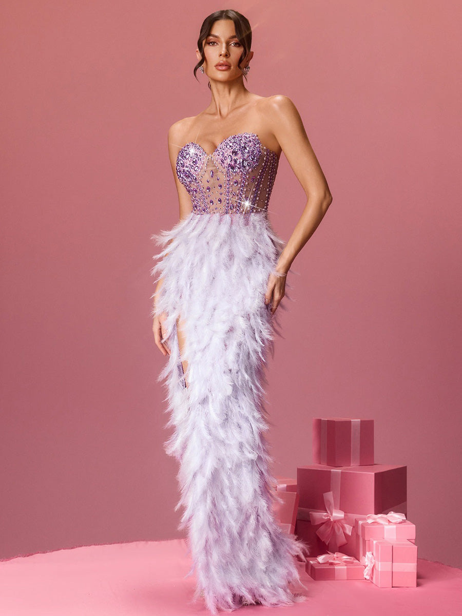 Ariana Strapless Crystal Feather Split Maxi Dress