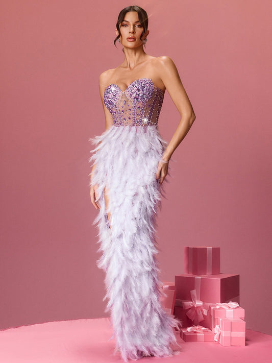 Ariana Strapless Crystal Feather Split Maxi Dress