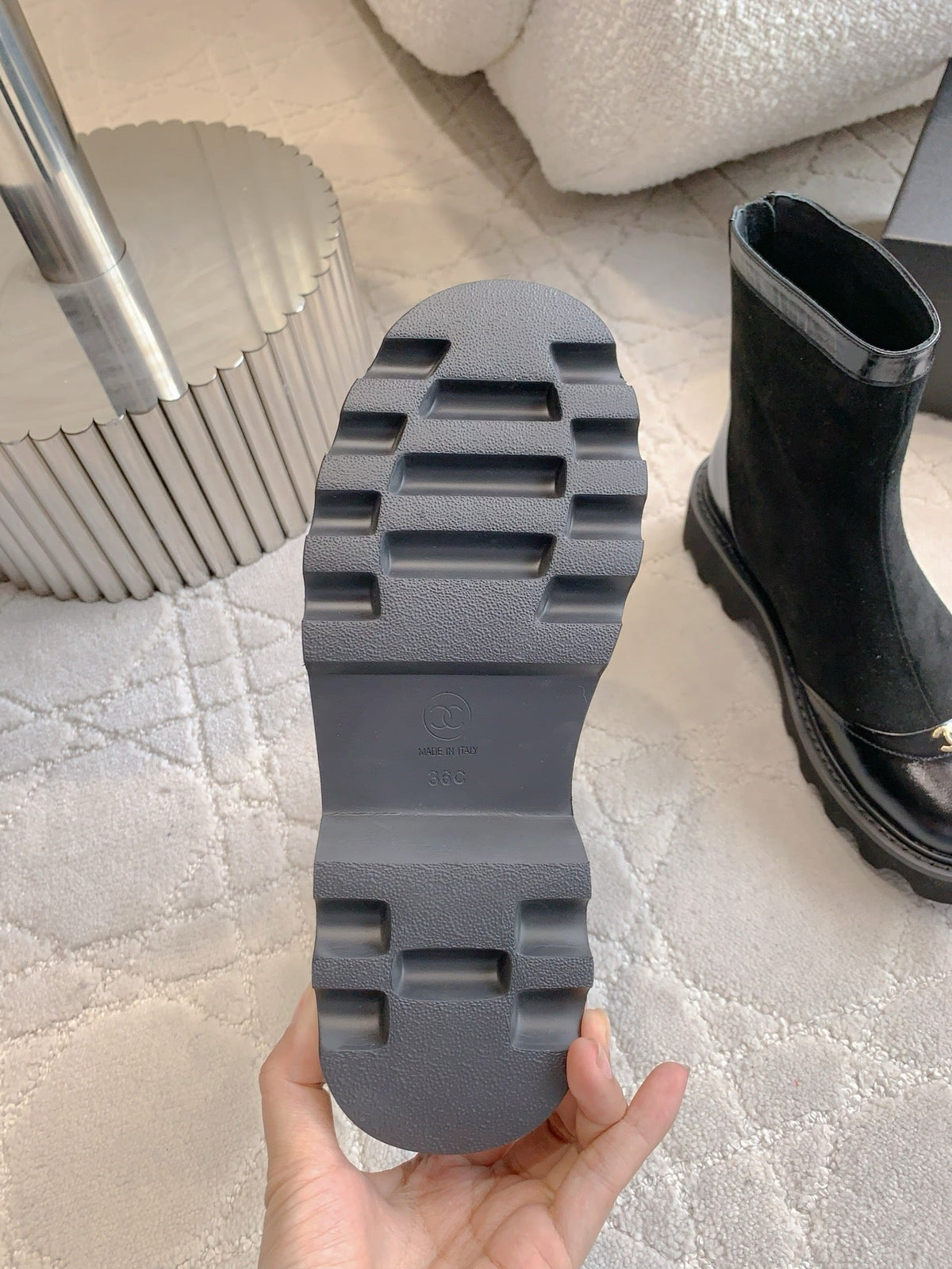 CC New Platform Ankle Boots Black Suede Glossy Sheepskin