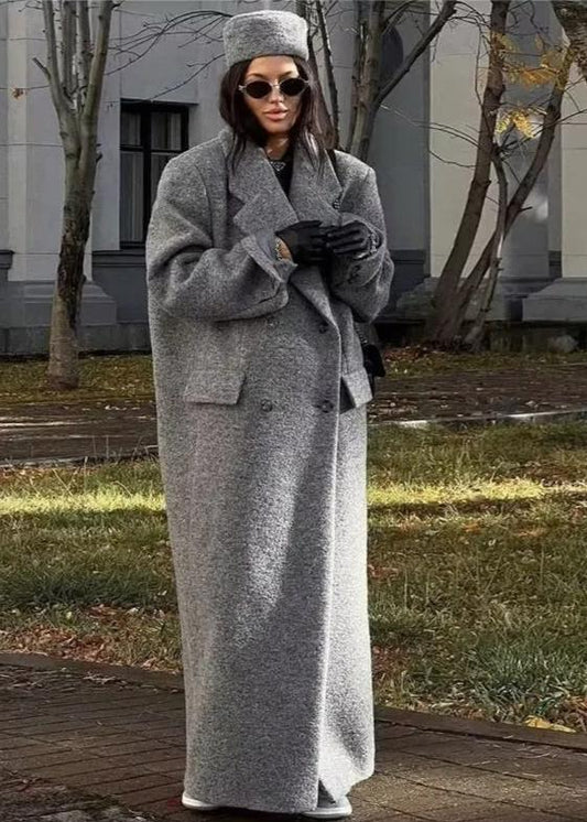 Long Wool Coat Buttoned Gray Tailored Fit