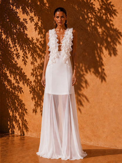 Sadie Pleated Ruffled Mesh Maxi Dress
