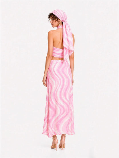 Delilah Printed Satin Maxi Skirt Set with Headscarf