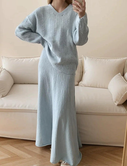 Solid Color Loose Knit Sweater Maxi Skirt Set
