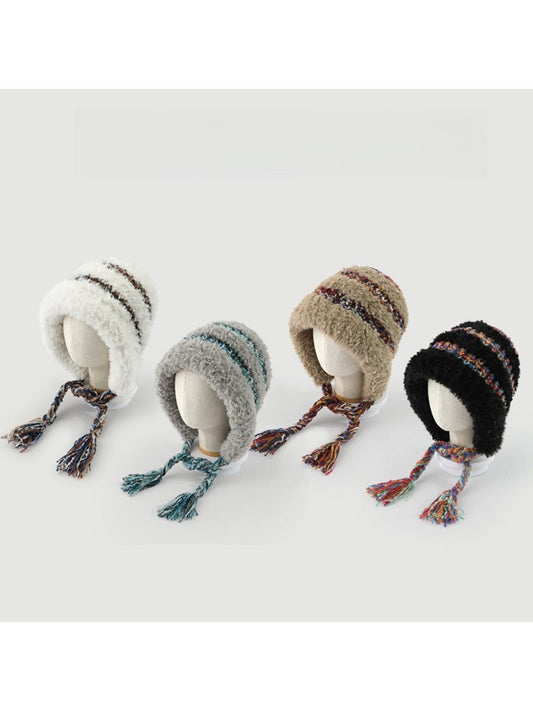 Haila - Plush &amp; Heavyweight Color-Block Earflap Beanie with Tassels