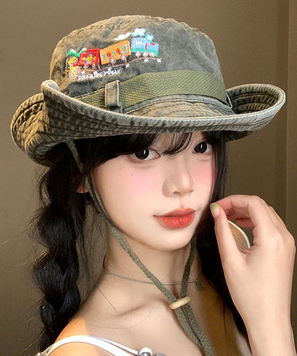 New Retro Army Green Embroidered Large Eaves Cowboy Hat