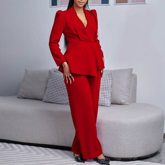 Flounce Sleeve Top Wide Leg Pants Set