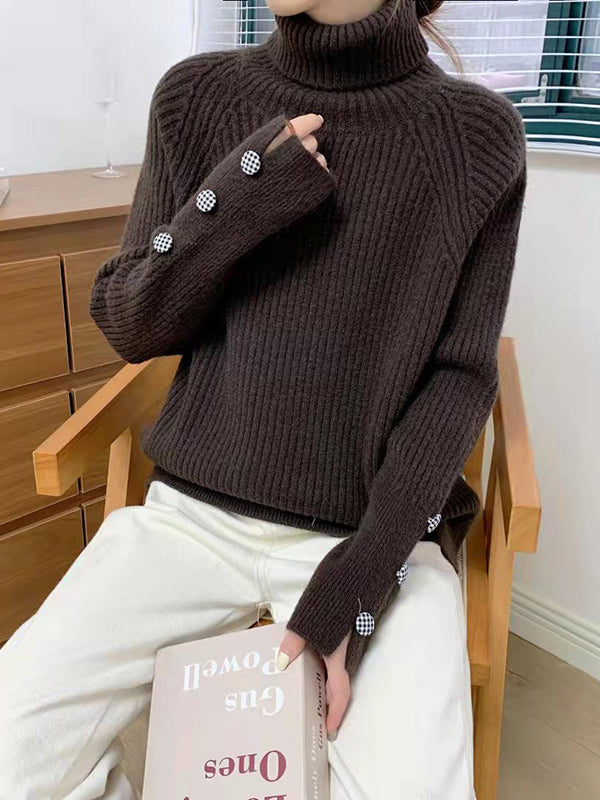 Casual Loose Long Sleeves Solid Color High-Neck Sweater Tops
