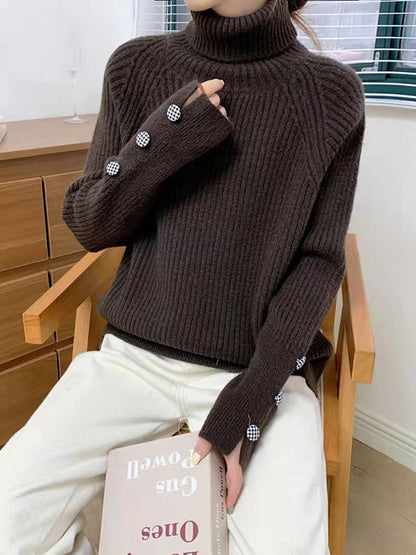 Casual Loose Long Sleeves Solid Color High-Neck Sweater Tops