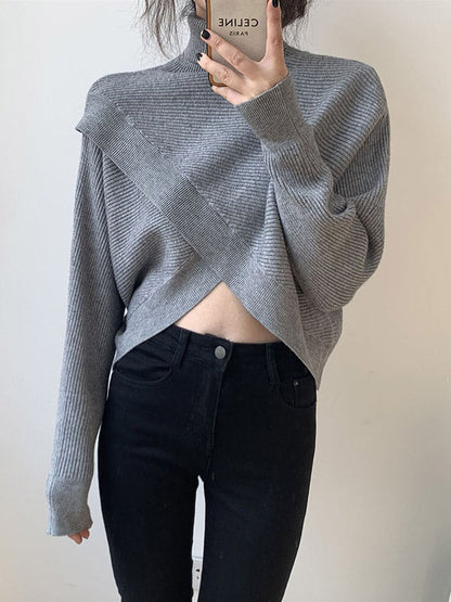 Stylish 4 Colors Knitting High-Neck Asymmetric Split-Front Sweater