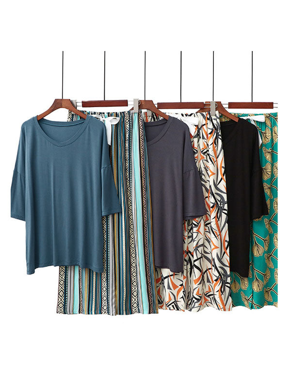 Casual Loose Seven-Quarter Sleeves V-Neck Shirts& Printed Pants Pajama Sets