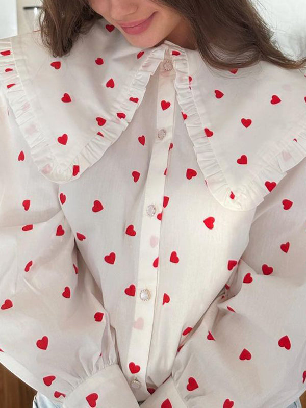 Loose Contrast Color Doll Collar Heart Print Blouses&Shirts Tops