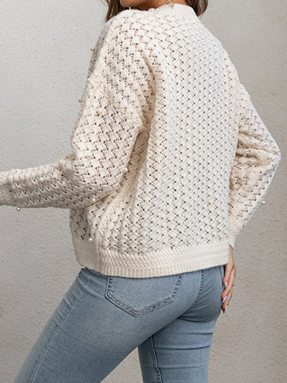 Long Sleeves Loose Beaded Hollow Solid Color Round-Neck Pullovers Sweater Tops